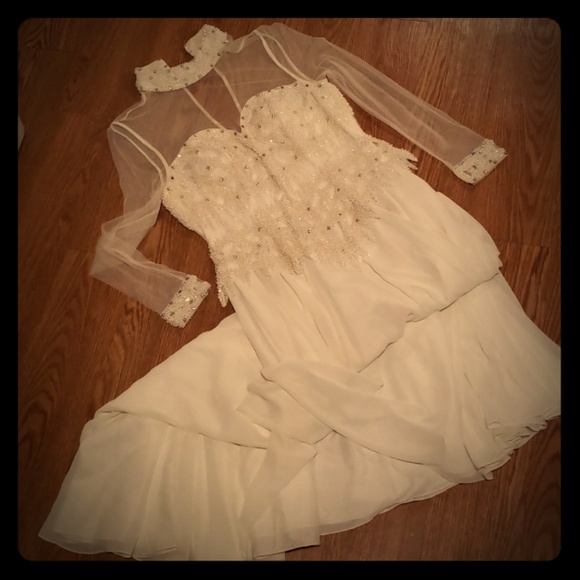 Peak Evenings Off-White Hand Beaded Gown - Picture 4 of 8